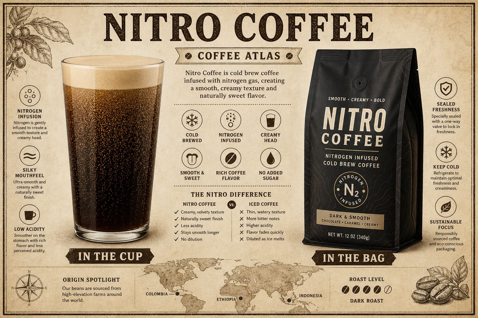 Nitro coffee with a waterfall of tiny bubbles in the glass compared with nitrogen flushed into a coffee bag