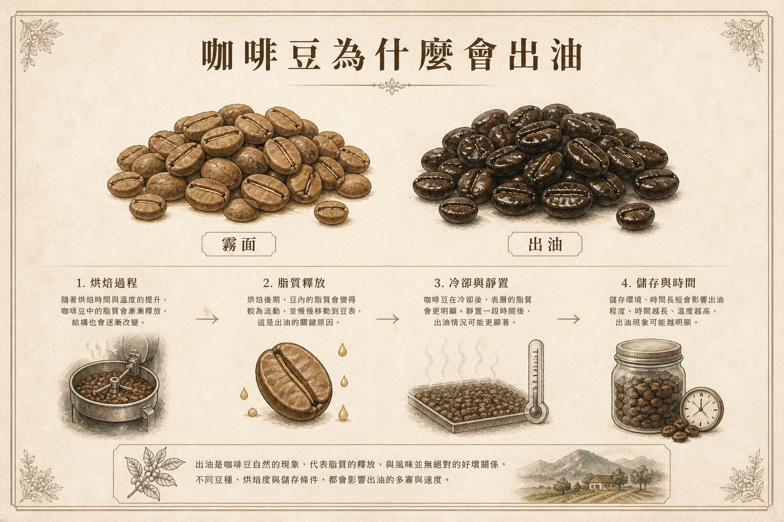 霧面淺焙豆與表面出油的深焙豆對照示意