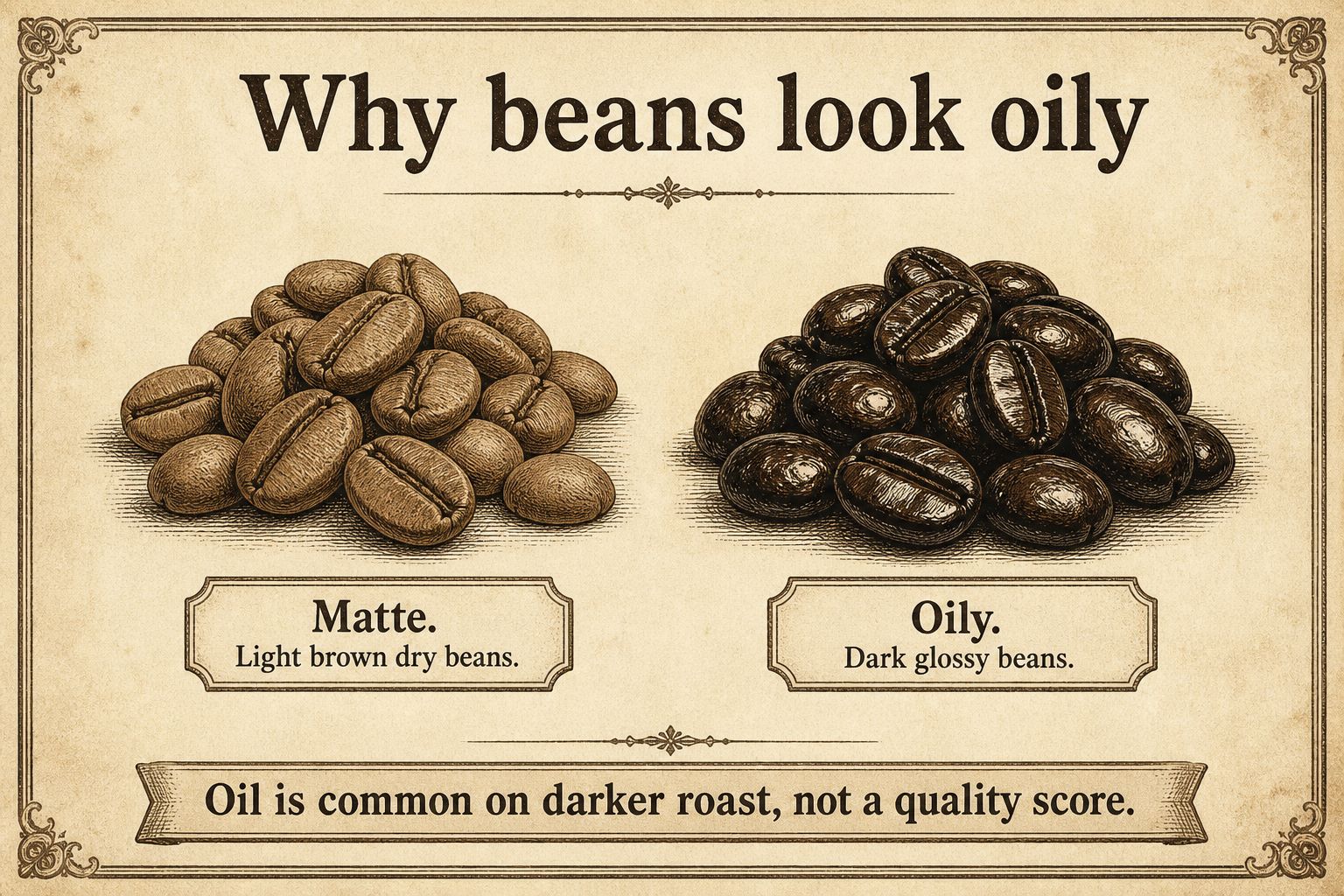 Matte light-roasted coffee beans beside shiny oil-coated dark-roasted beans