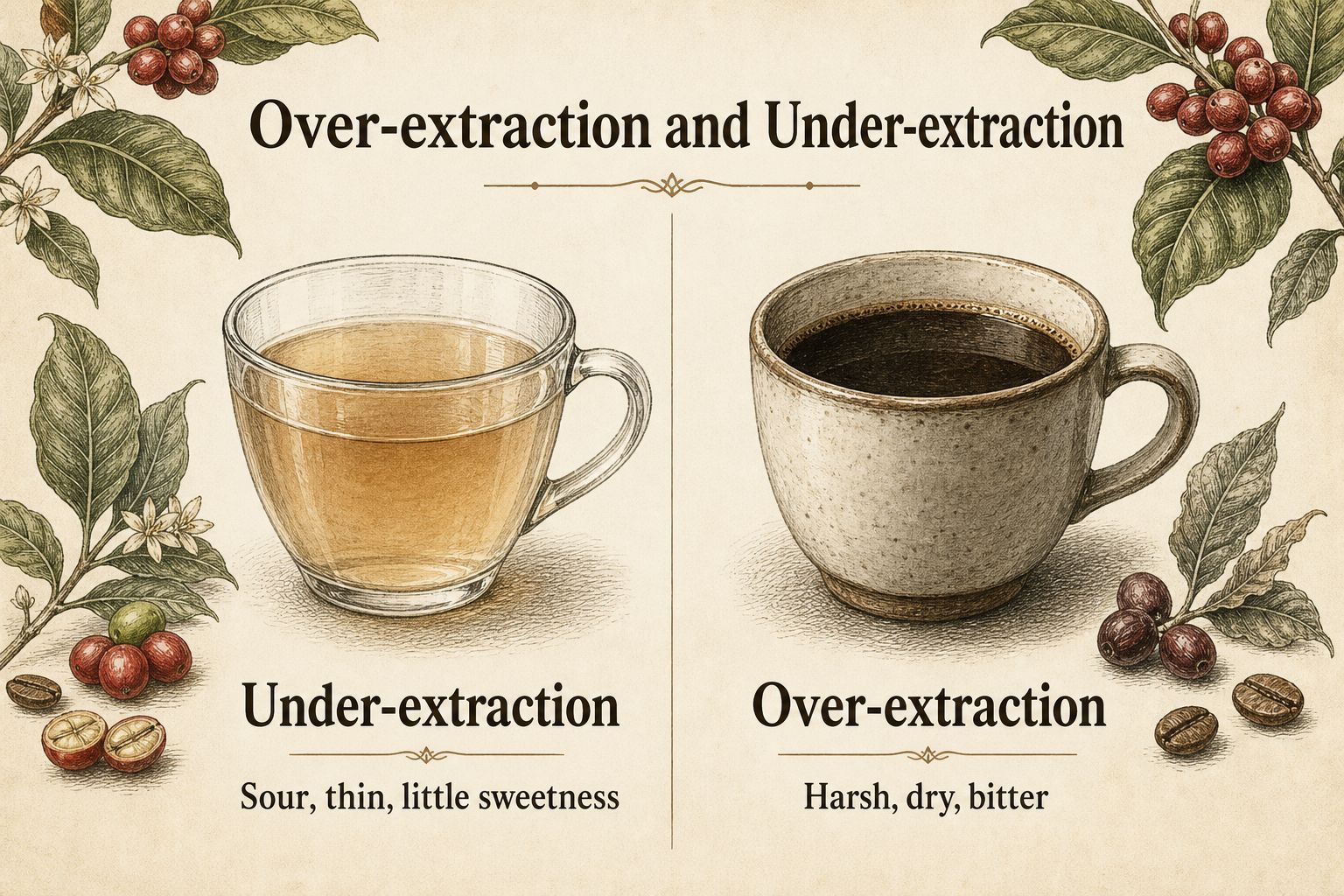 A pale thin cup labeled under-extraction next to a dark harsh cup labeled over-extraction