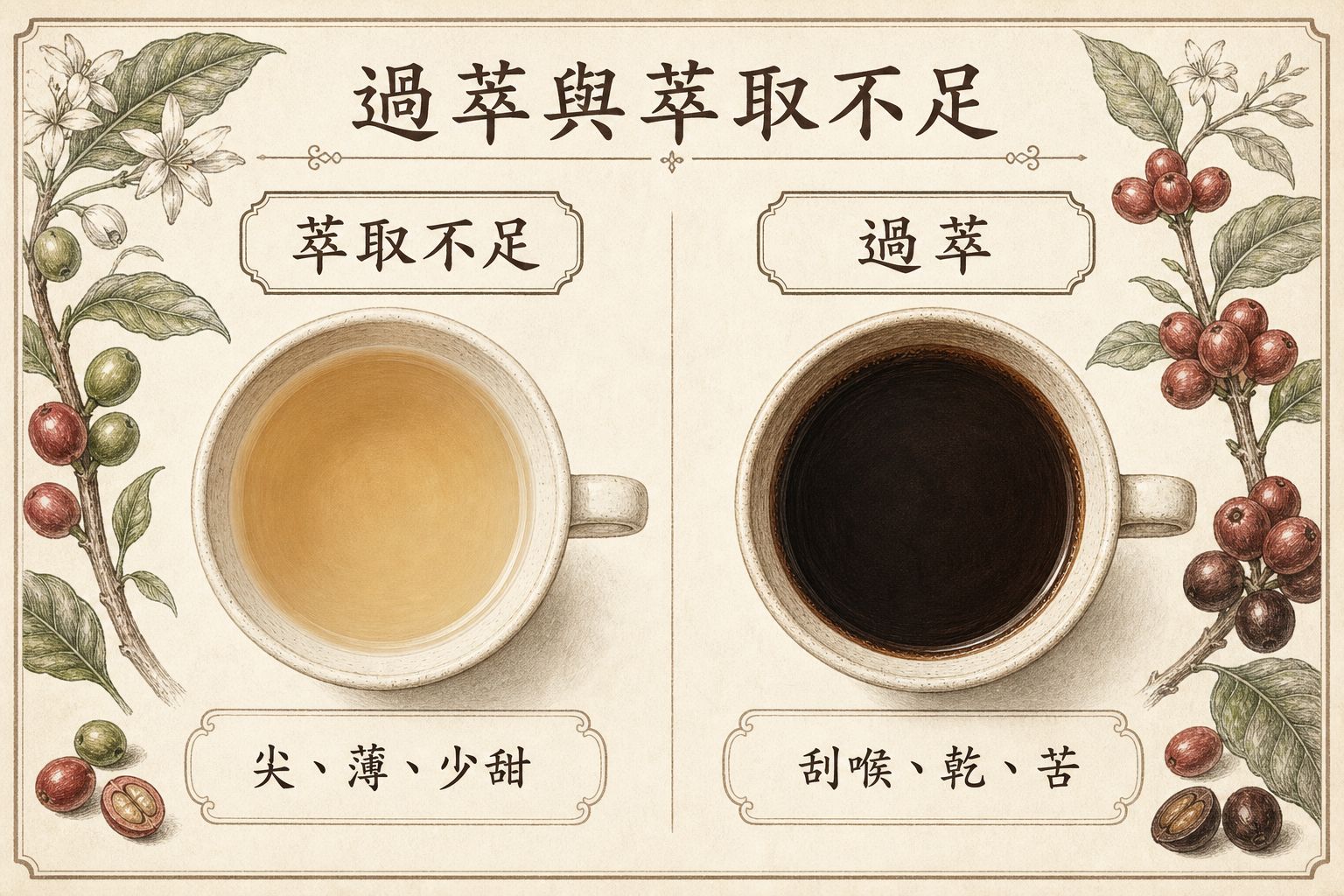 萃取不足的淺色稀薄咖啡，對上過萃較深、較乾澀的一杯