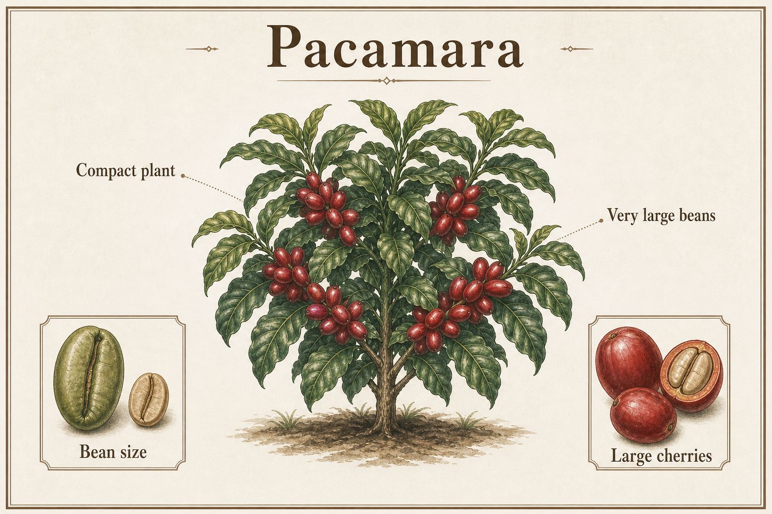 Compact Pacamara coffee plant with unusually large cherries and beans