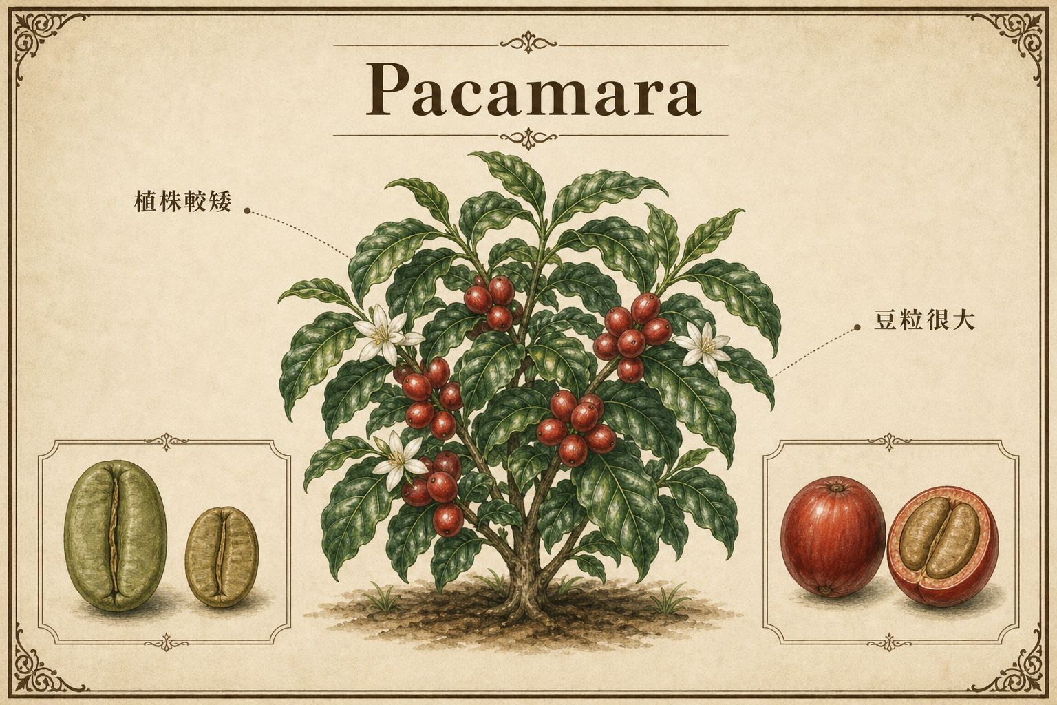 Pacamara 品種示意：矮生植株，卻結出特別大的咖啡櫻桃與豆子