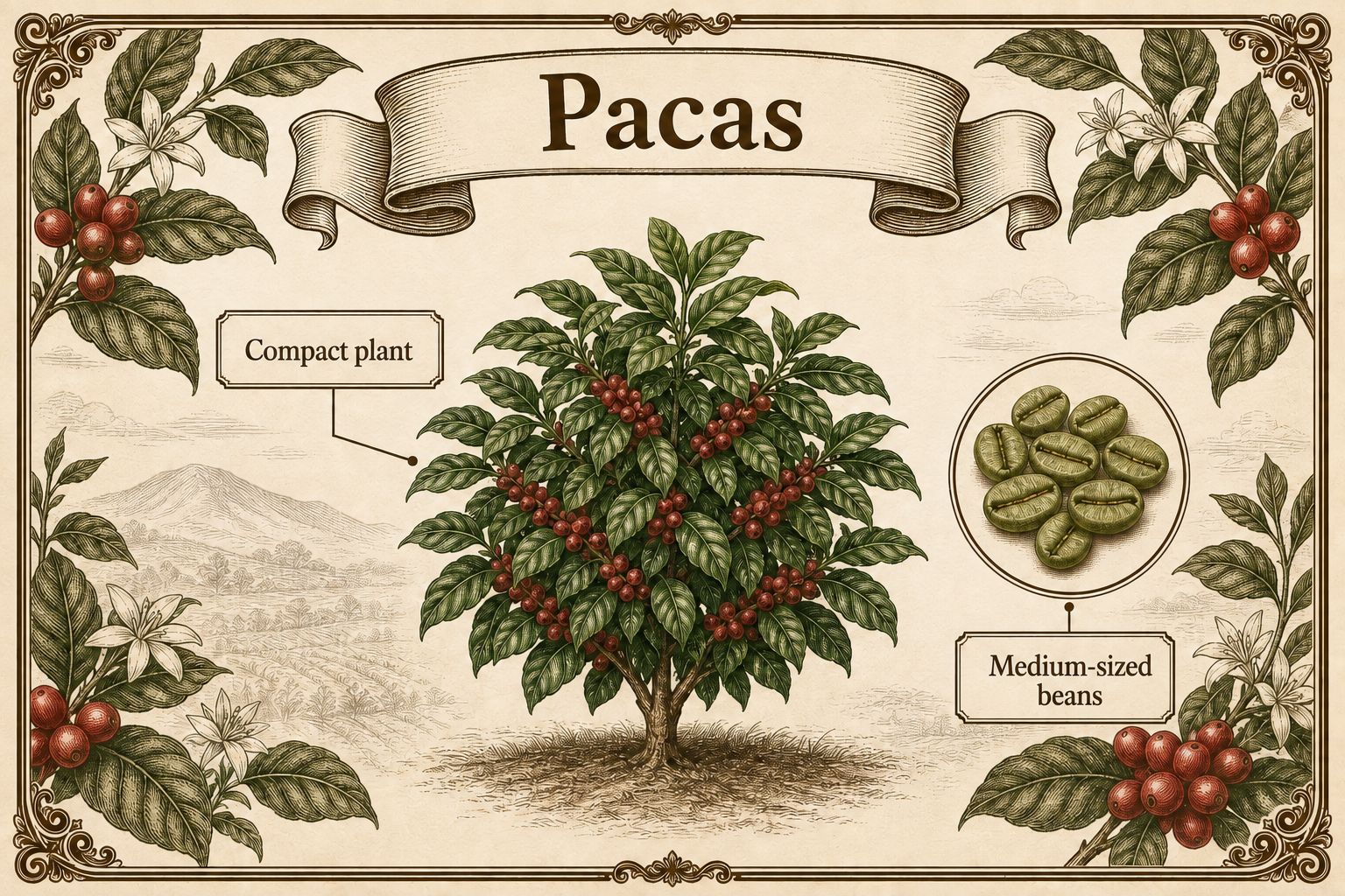 Compact Pacas coffee plant with average-size cherries and beans