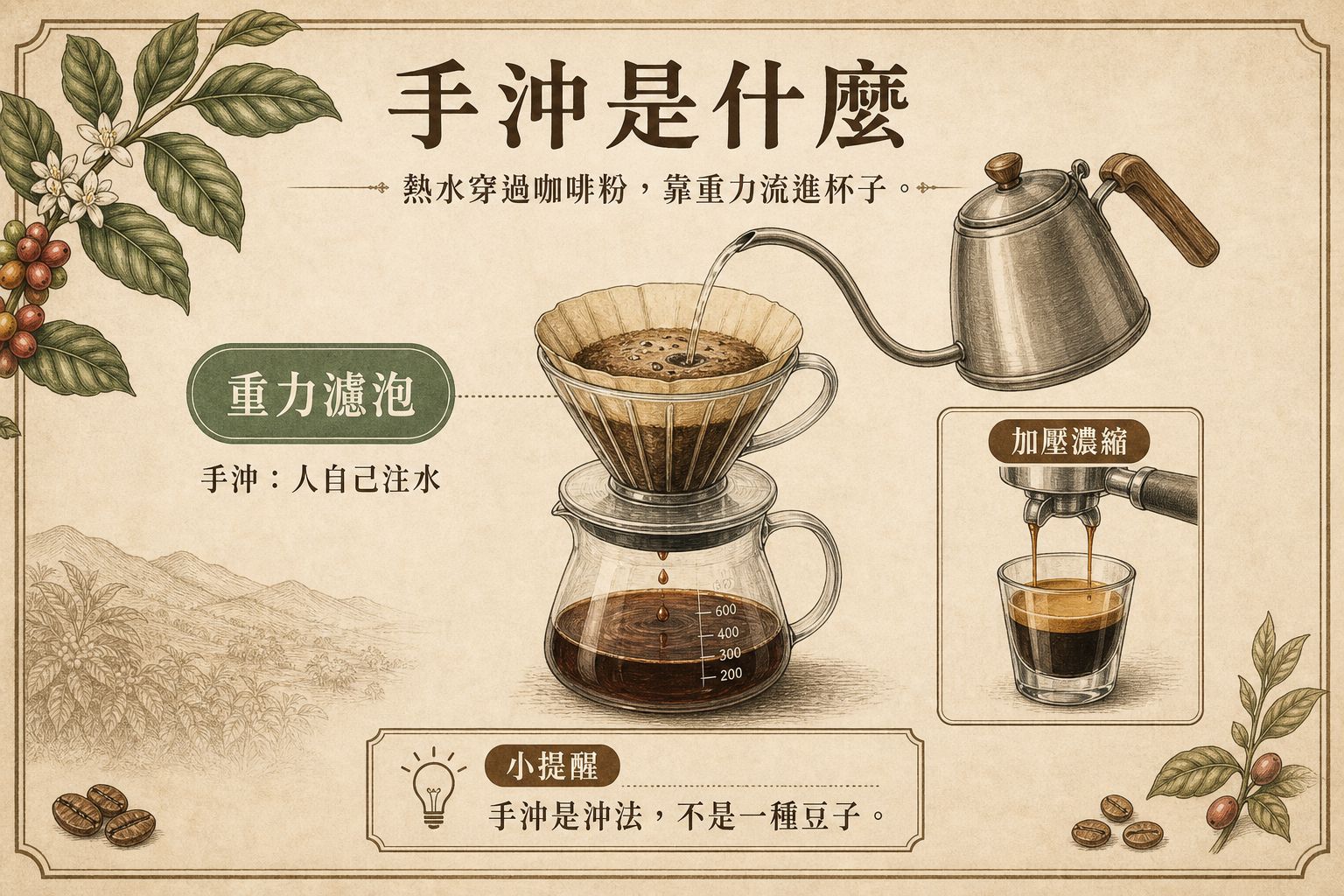 手沖壺把熱水倒進錐形濾杯，咖啡靠重力流進下壺