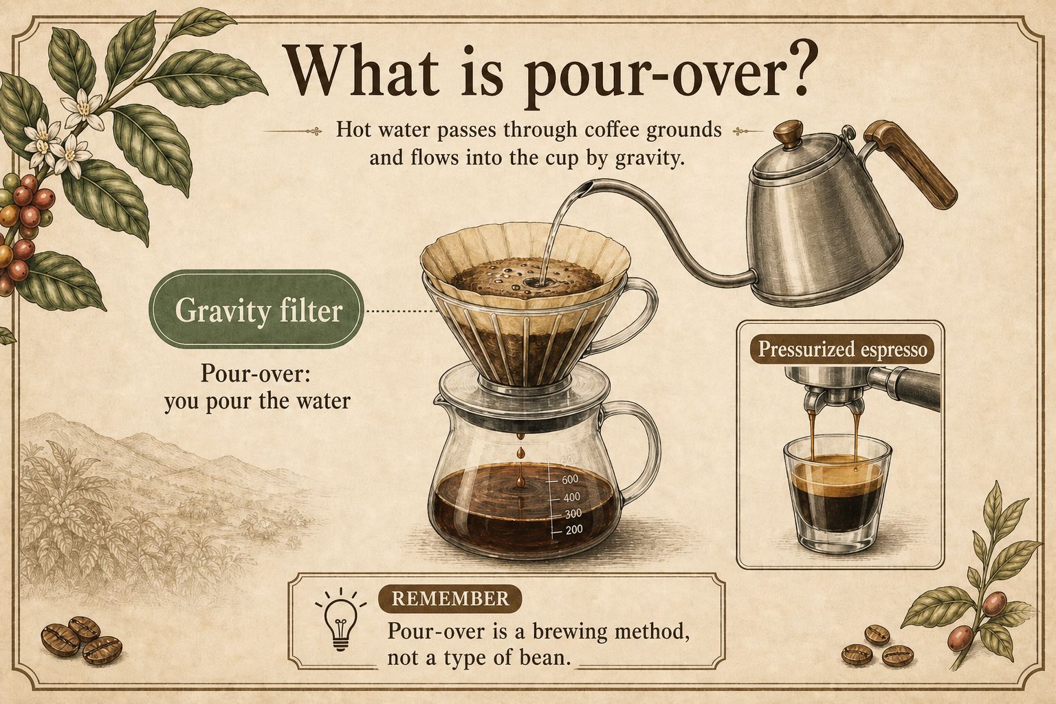 Hot water poured from a gooseneck kettle through a cone dripper into a carafe