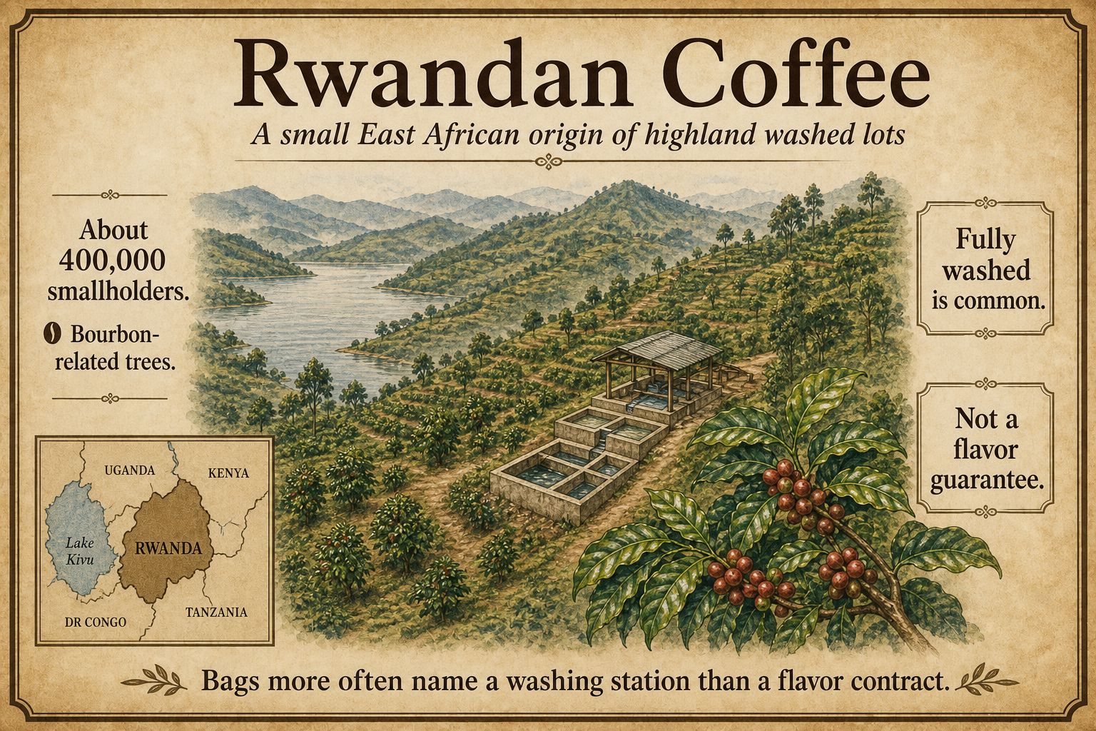 Highland smallholder slopes, a washing station, and hills toward Lake Kivu as a sketch of Rwandan coffee