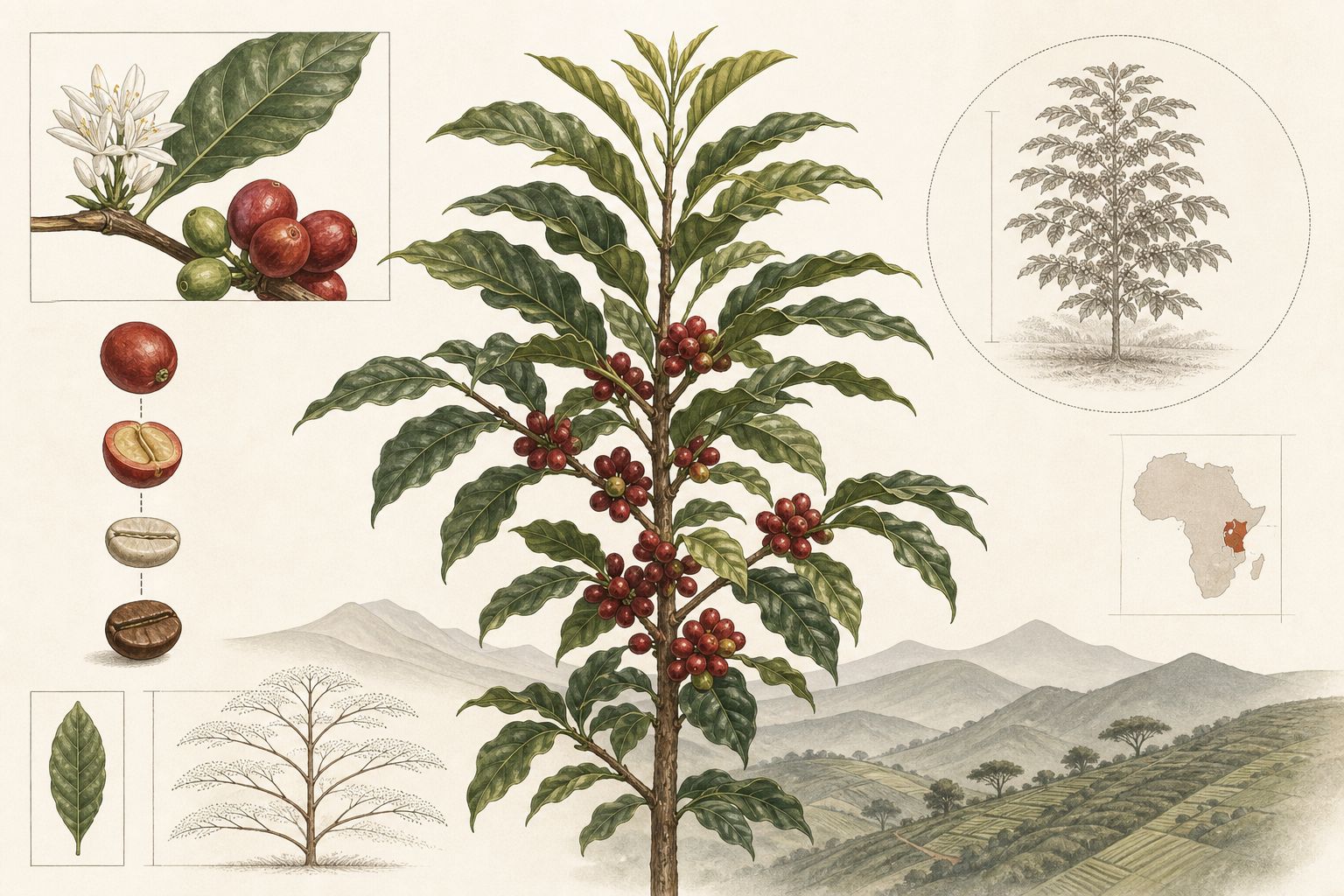 SL28 品種示意：高大植株、綠色新葉與大顆紅櫻桃