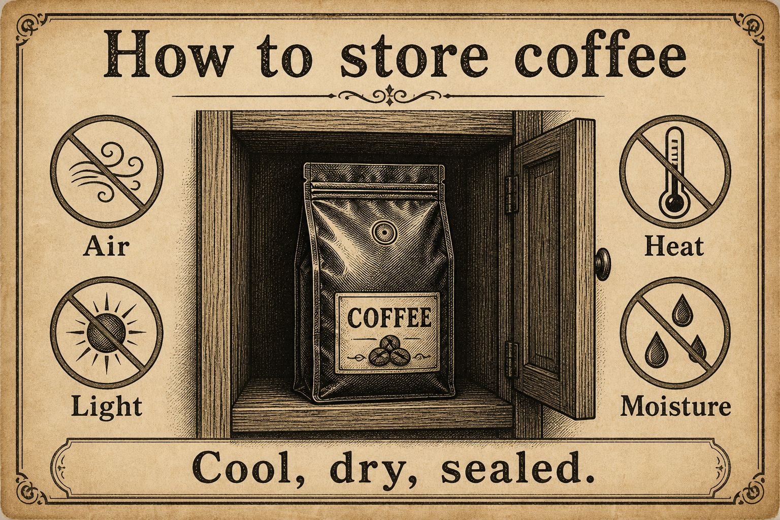 A sealed coffee bag in a cool dry cabinet protected from air light heat and moisture