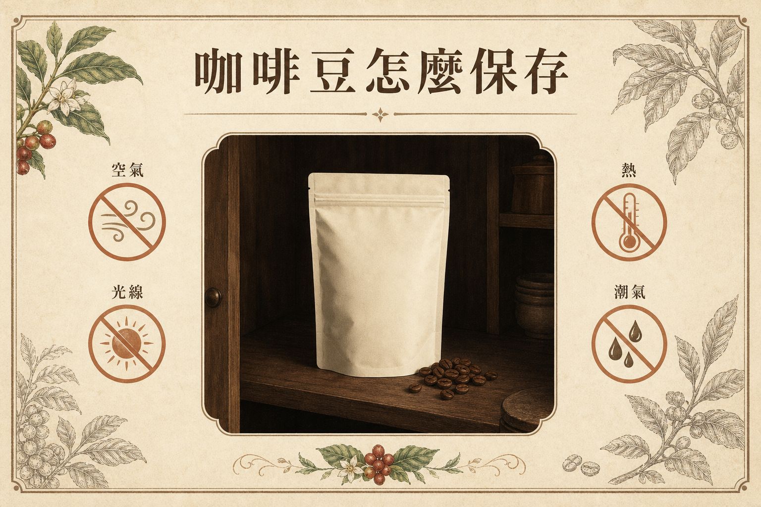 咖啡豆保存示意：密封袋子放在陰涼乾燥的櫃子，避開空氣、光線、熱和水氣