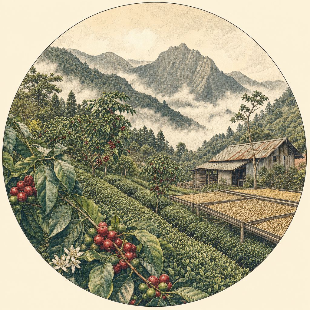 台灣高山咖啡示意：雲霧山坡上的咖啡樹、紅櫻桃，與茶園種在一起