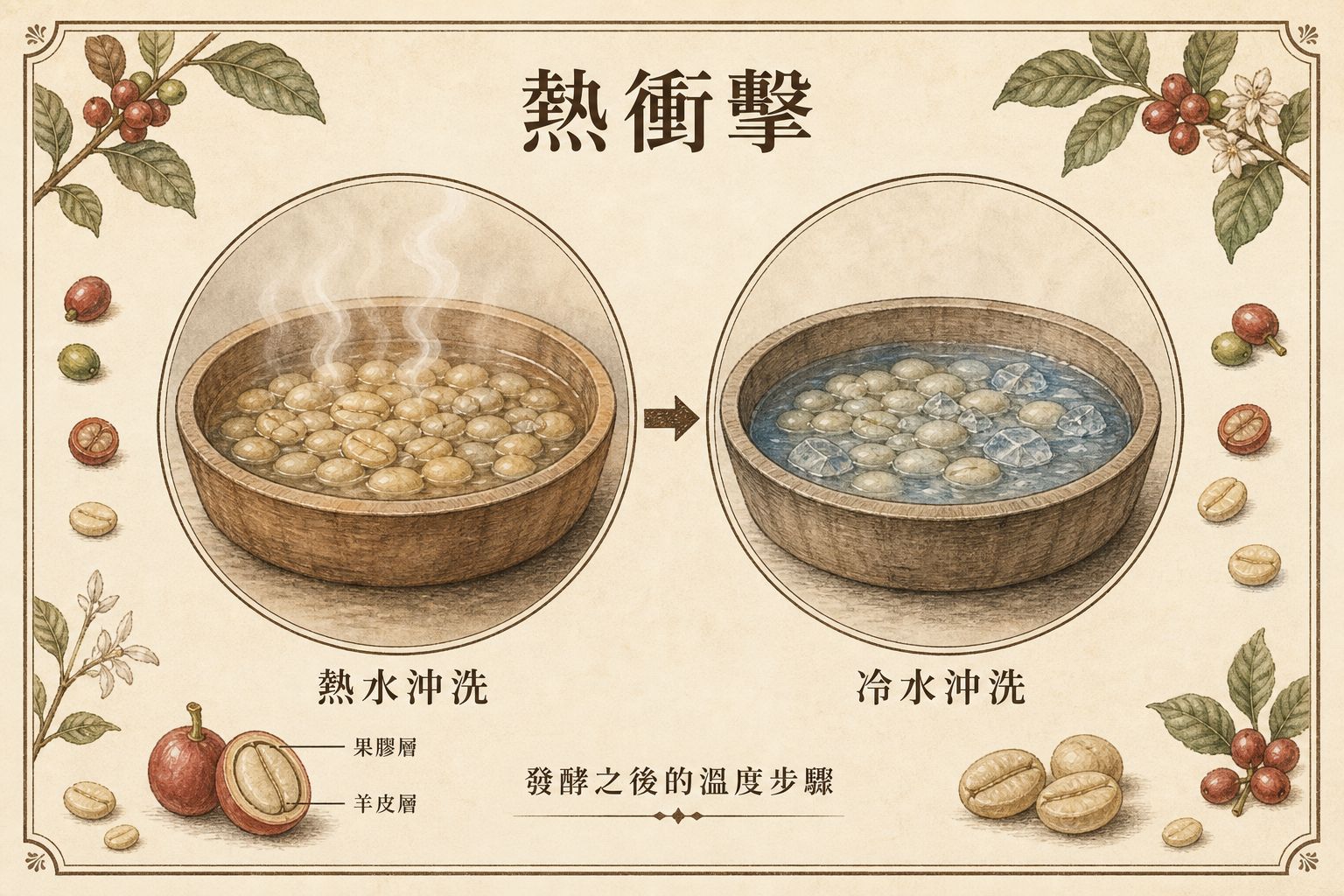熱衝擊示意：發酵之後先熱水沖洗，再換冷水沖洗