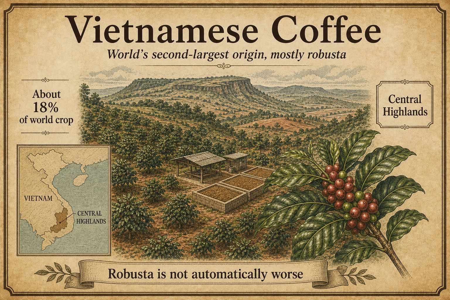Central Highlands robusta trees on basalt slopes, sketched as a high-volume origin rather than a single estate