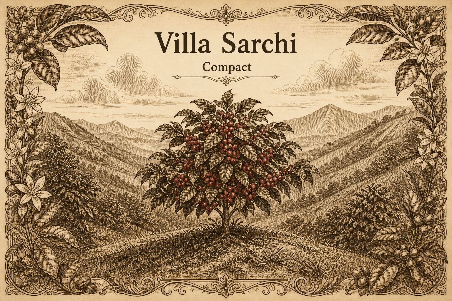 Compact Villa Sarchi plant bearing coffee cherries in front of a hillside coffee farm