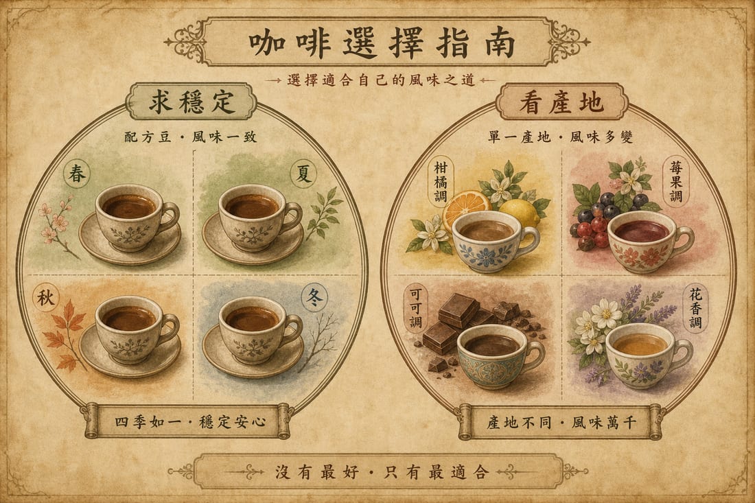 配方豆求穩定、單品看產地輪廓的示意