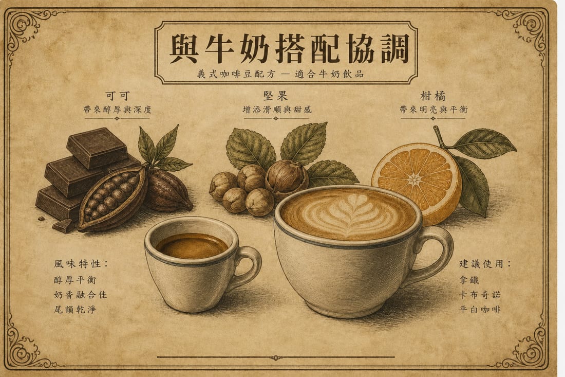 配方豆用在義式與牛奶飲品的示意