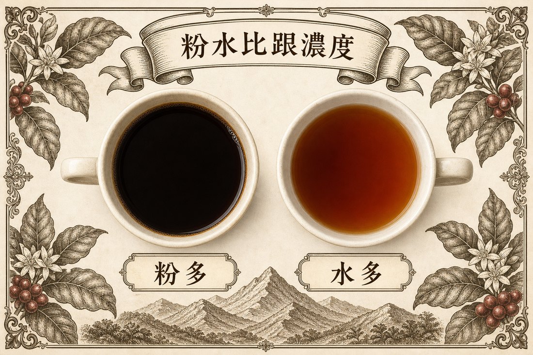 粉比較多時咖啡較深，水比較多時咖啡較淡
