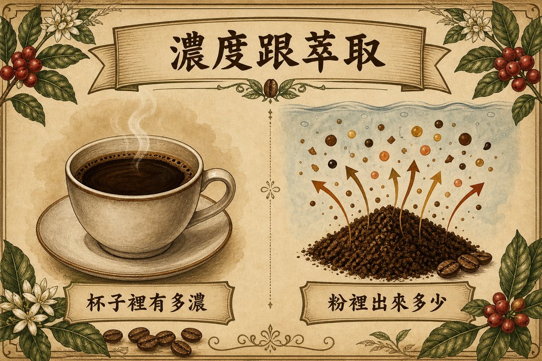 濃度是杯子裡有多濃，萃取是粉裡被帶走多少