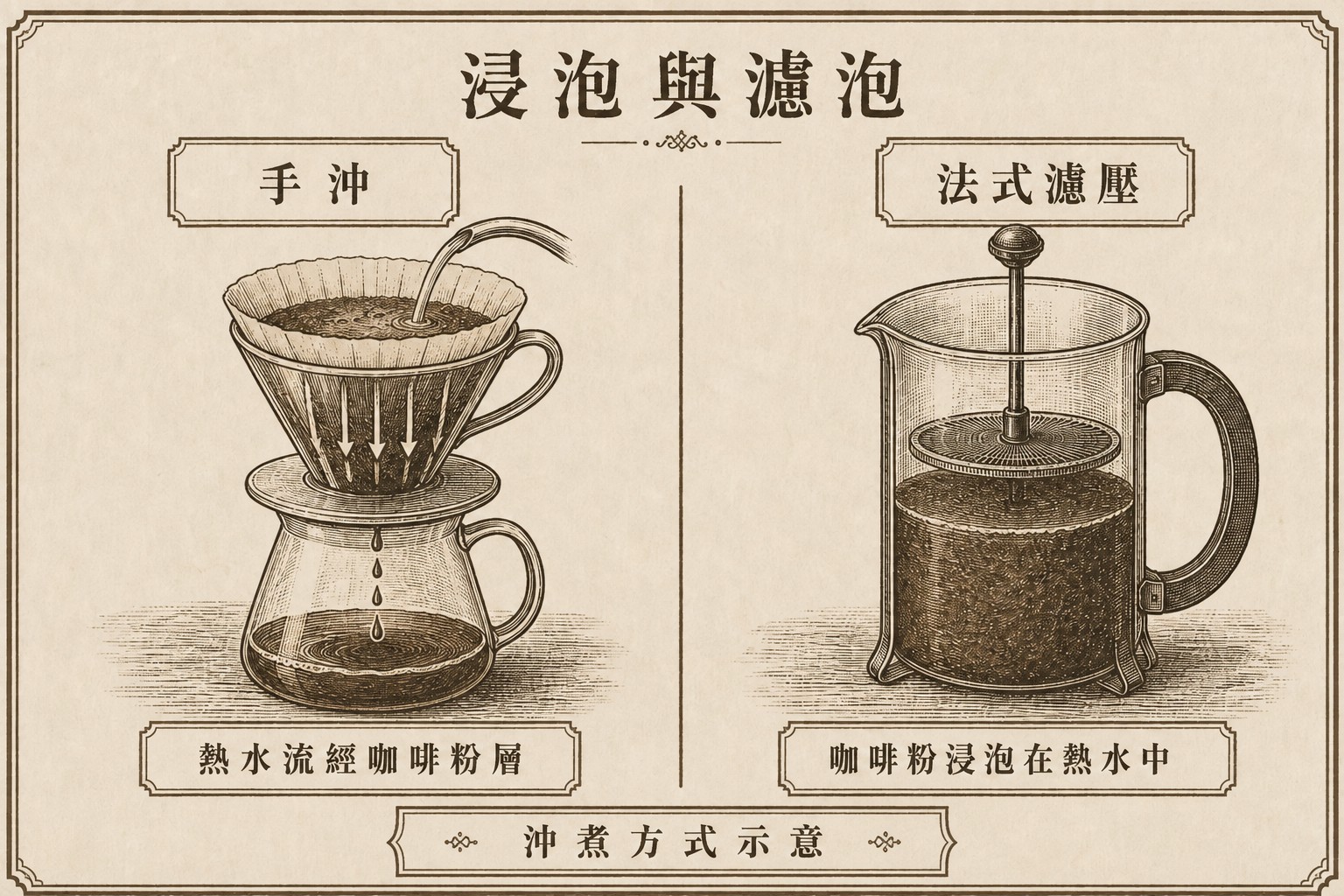 左側手沖讓熱水穿過粉層，右側法式濾壓將咖啡粉浸泡在壺中
