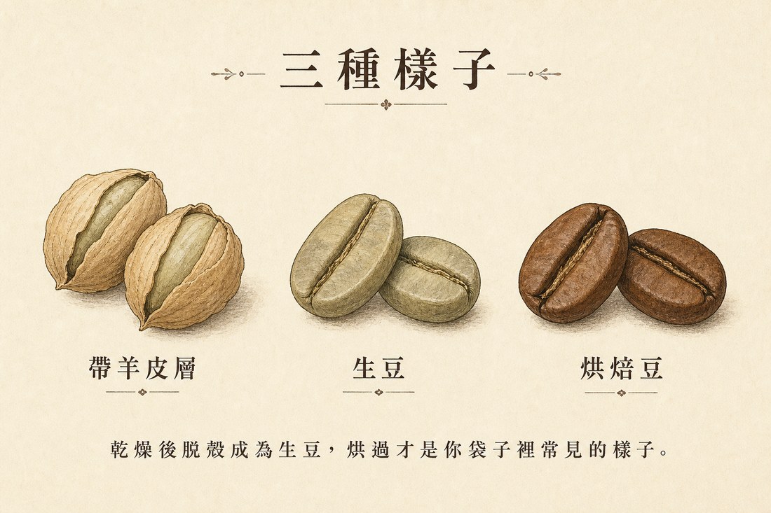 帶羊皮層、生豆、烘焙豆三種樣子的示意