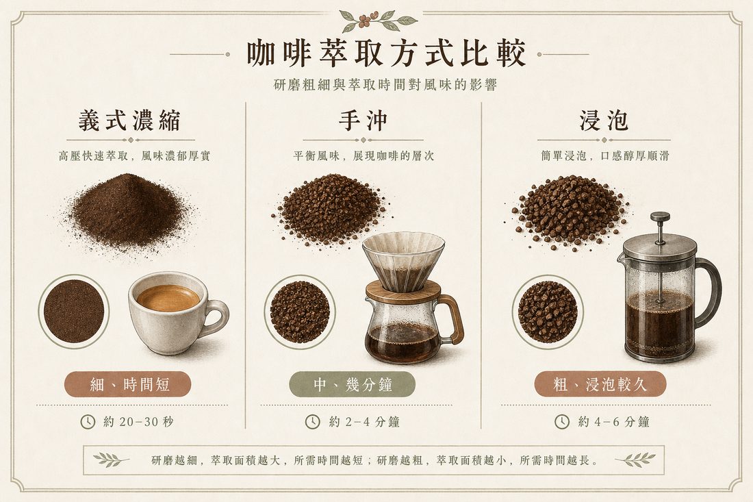 義式濃縮用細粉、手沖用中等研磨、浸泡用粗粉的常見搭配