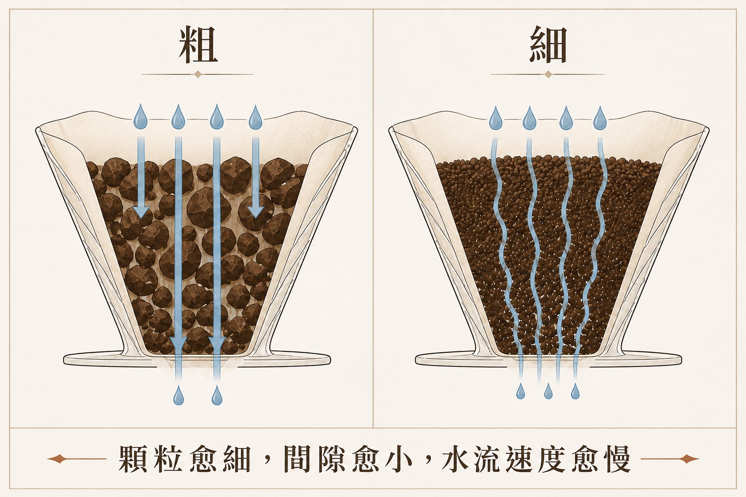 粗研磨的咖啡粉間隙較大、水流較快；細研磨的間隙較小、水流較慢