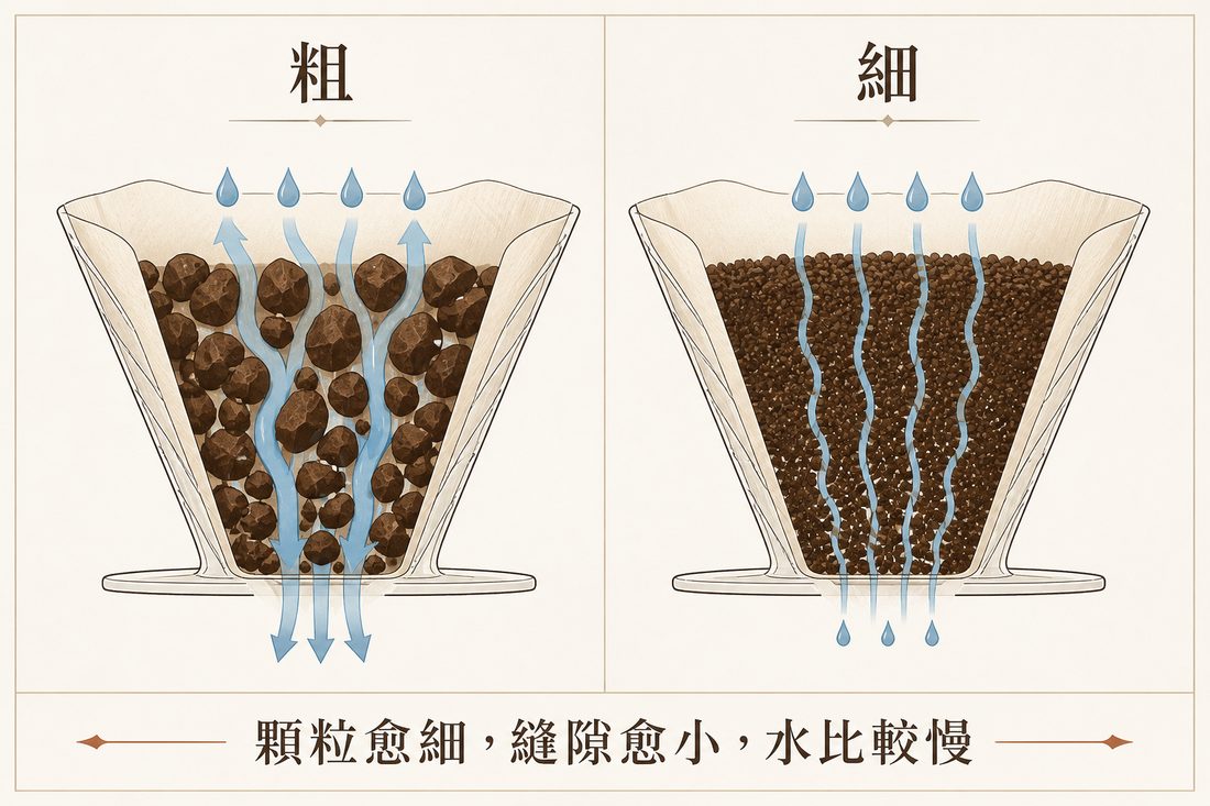 粗粉縫隙大、水流快，對上細粉縫隙小、水流慢