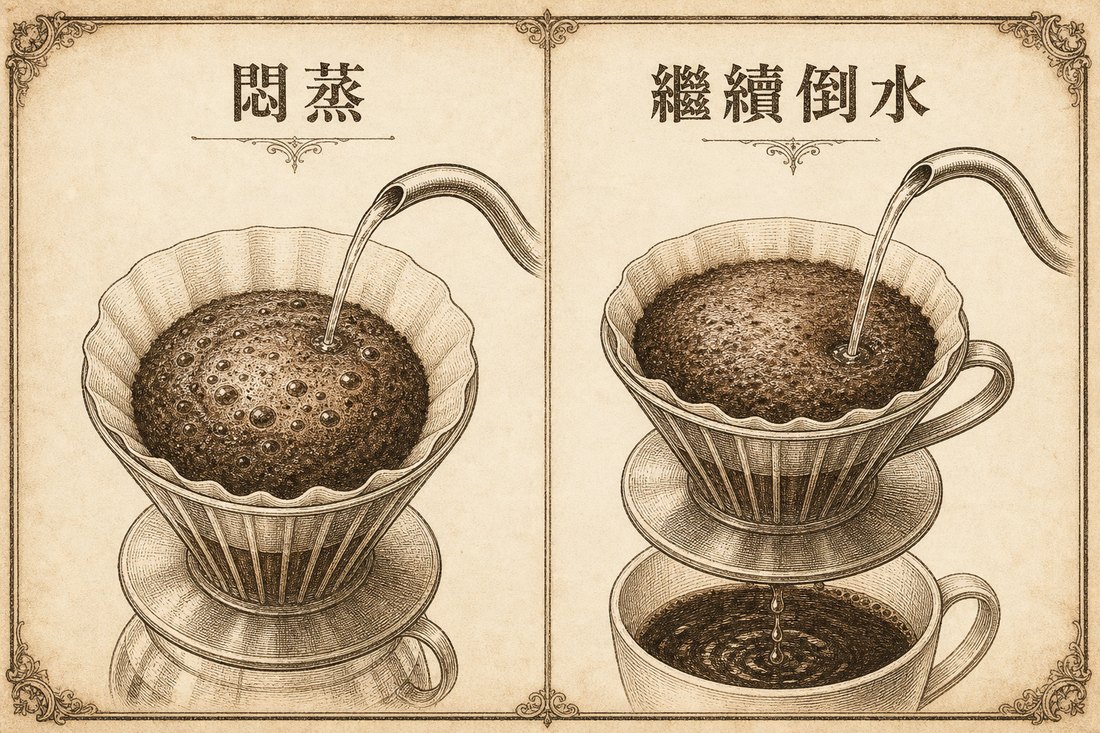 左側先注水浸濕咖啡粉並產生氣泡，右側繼續注水，讓咖啡液流入杯中