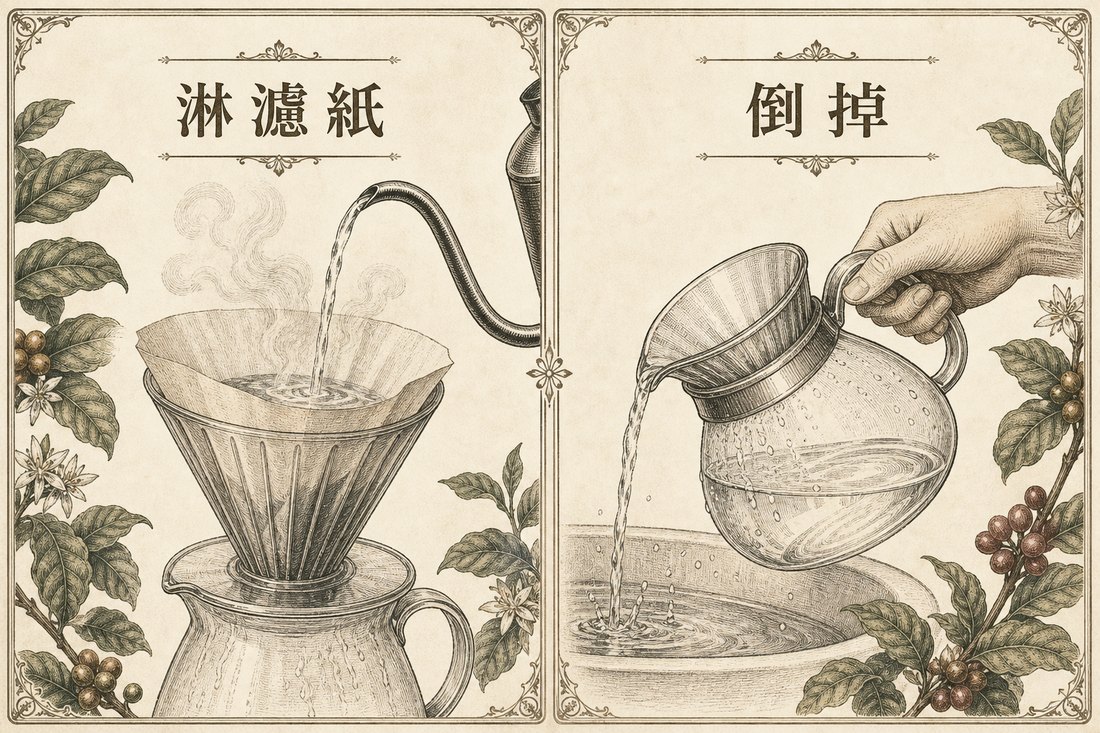 先用熱水淋過空濾紙，再把杯子裡的水倒掉