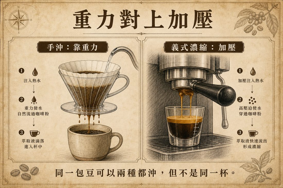 手沖靠重力穿過濾紙，對上義式濃縮加壓通過咖啡粉