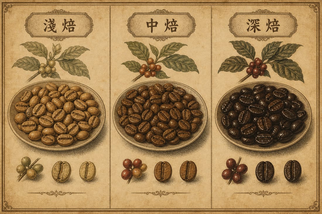 淺焙、中焙、深焙三種豆子顏色對照示意