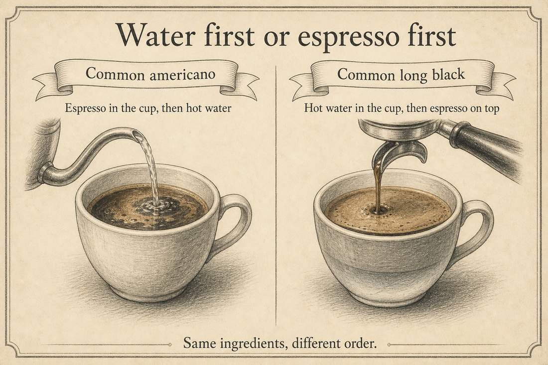Common Americano with water poured onto espresso, beside a common long black with espresso poured onto water
