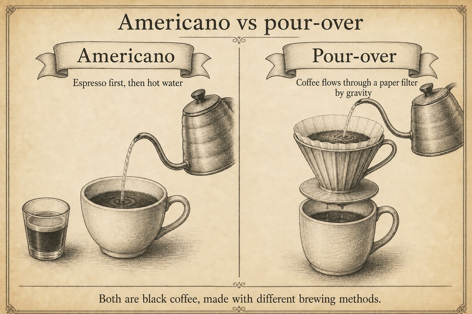 Americano as espresso plus hot water, beside pour-over moving water through a paper filter by gravity