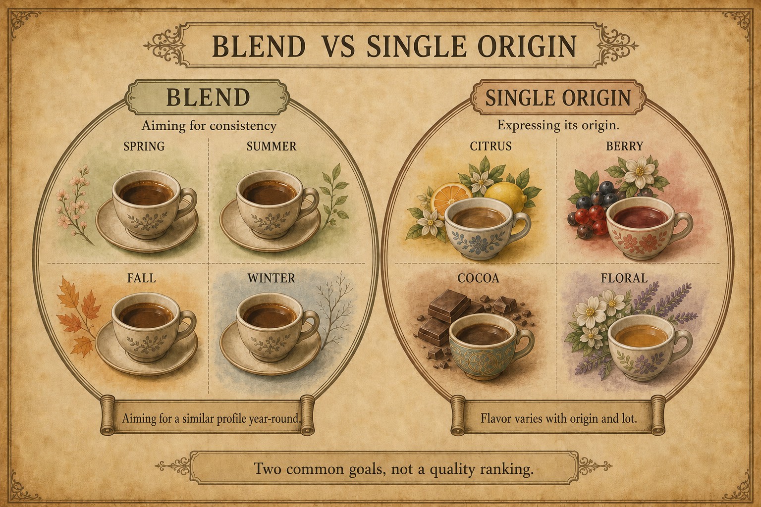A coffee blend designed for a stable profile compared with a single origin emphasizing one place
