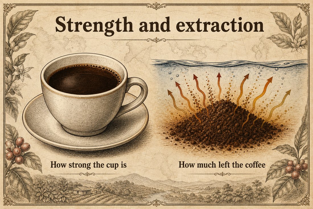 Strength as how concentrated the cup is, extraction as how much left the coffee grounds