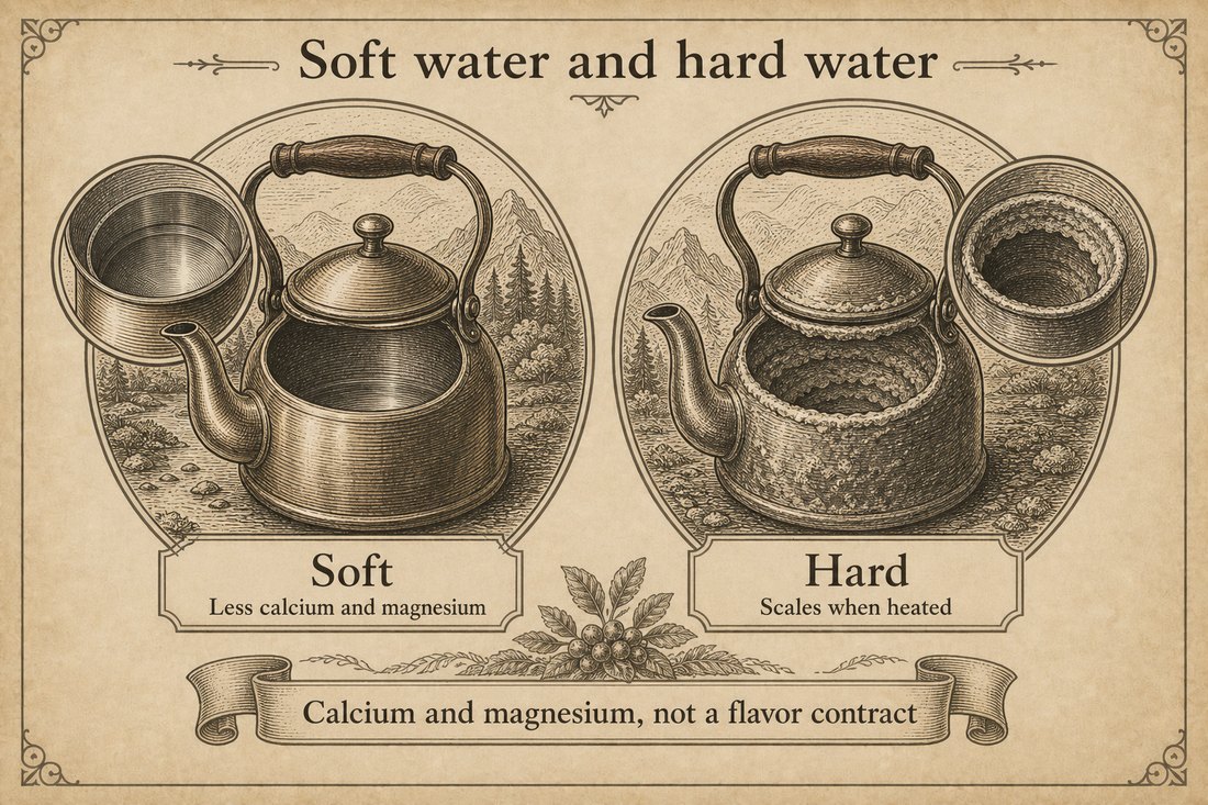 Soft water with little calcium and magnesium beside hard water that scales more readily when heated