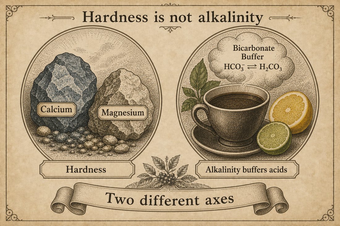 Hardness as calcium and magnesium beside alkalinity as bicarbonate buffering coffee acids