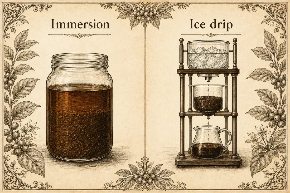 Cold brew grounds sitting in water beside ice drip falling through a coffee bed