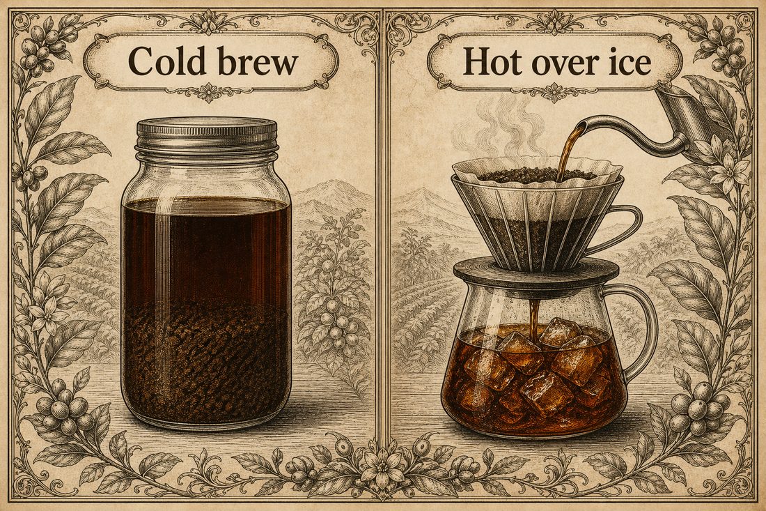 Cold brew steeping in cool water beside hot coffee poured over ice