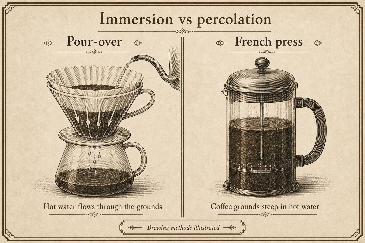 Pour-over water moving through a coffee bed, compared with a French press steeping grounds in one volume of water