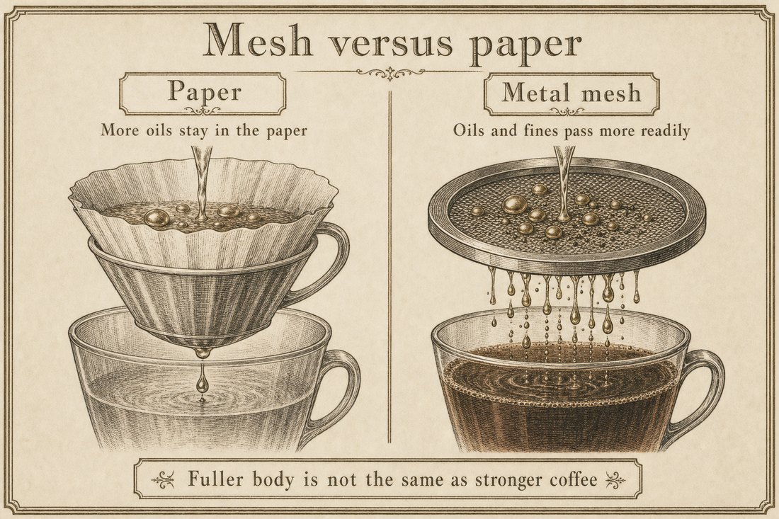 A paper filter holding back oils, compared with a metal mesh that lets oils and fines through