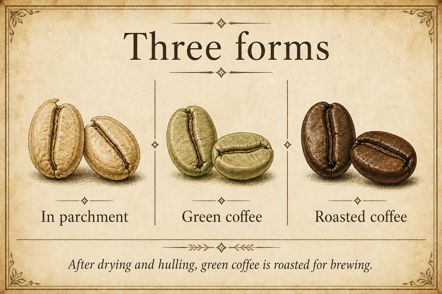 Coffee in parchment, hulled green coffee, and roasted coffee shown side by side
