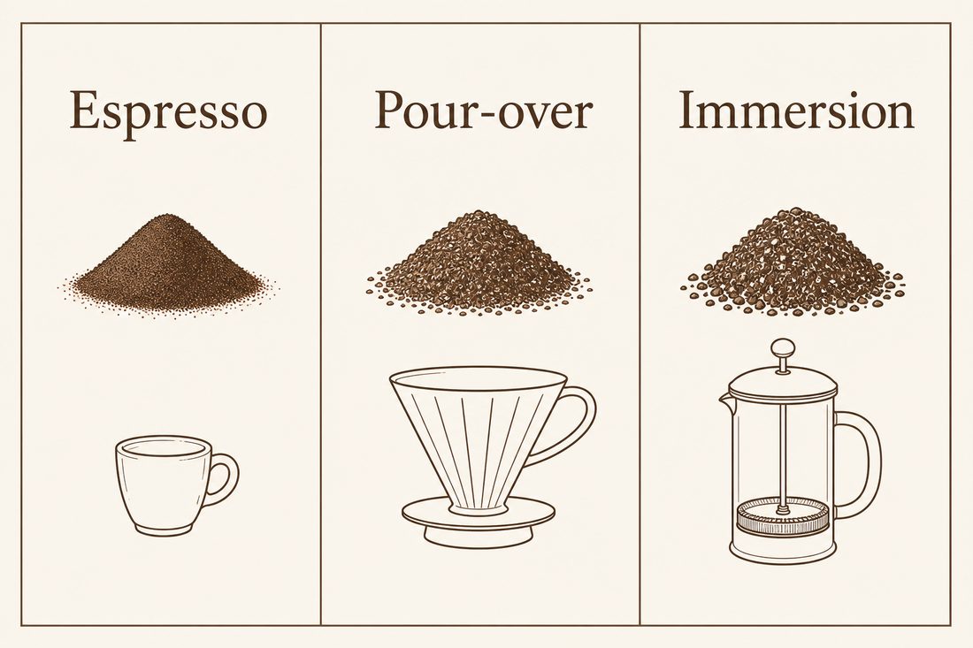 Fine coffee for espresso, a medium grind for pour-over, and coarse coffee for immersion
