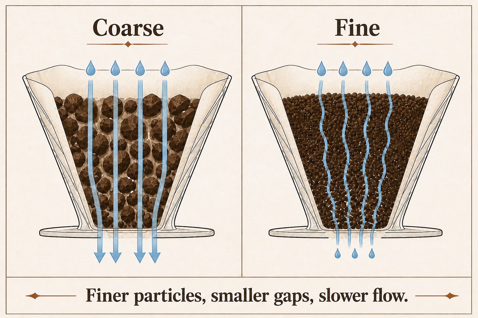 Coarse particles with larger gaps and faster flow compared with fine particles and slower flow