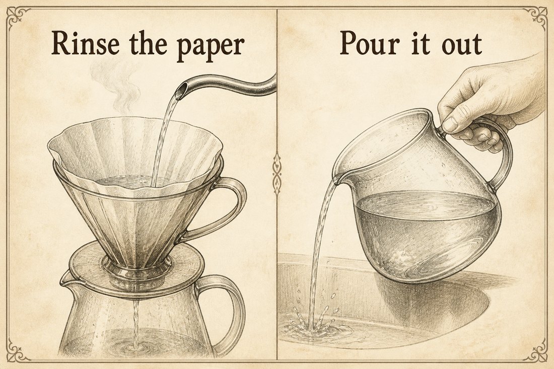 Hot water rinsing an empty paper filter, then that water poured out of the cup