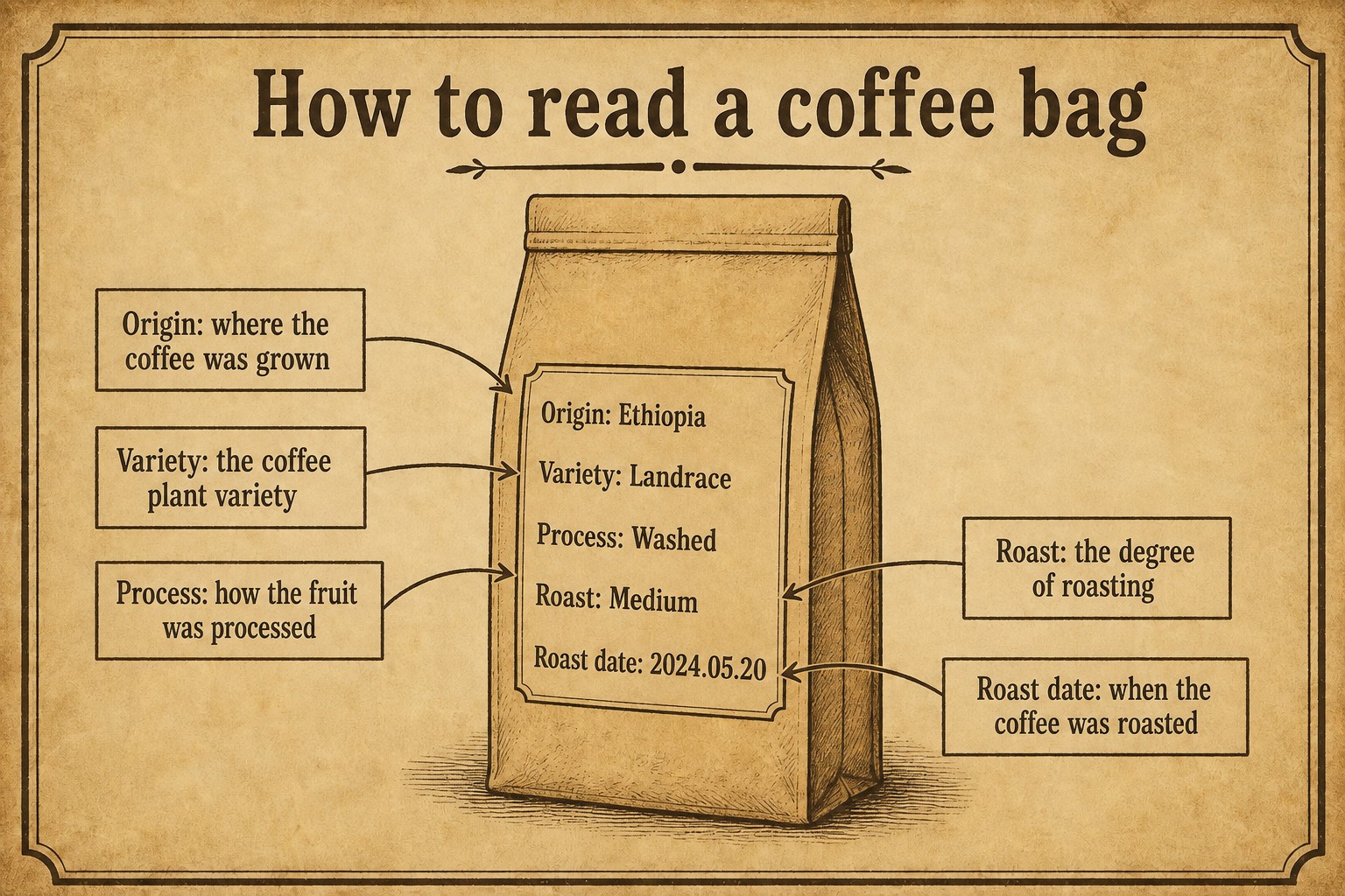 Coffee bag fields for origin, variety, processing method, roast level, and roast date