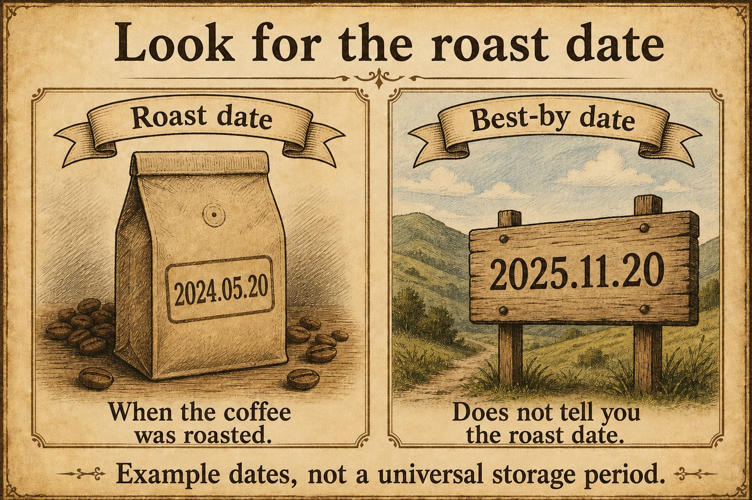 A roast date compared with a later best-by date on a coffee package