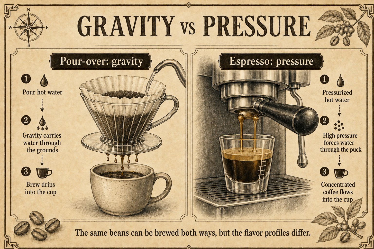 Gravity moving water through a pour-over filter compared with pressurized espresso extraction