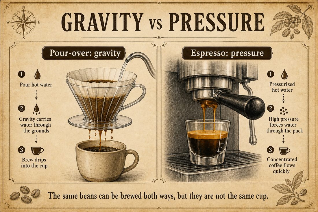 Gravity moving water through a pour-over filter compared with pressurized espresso extraction