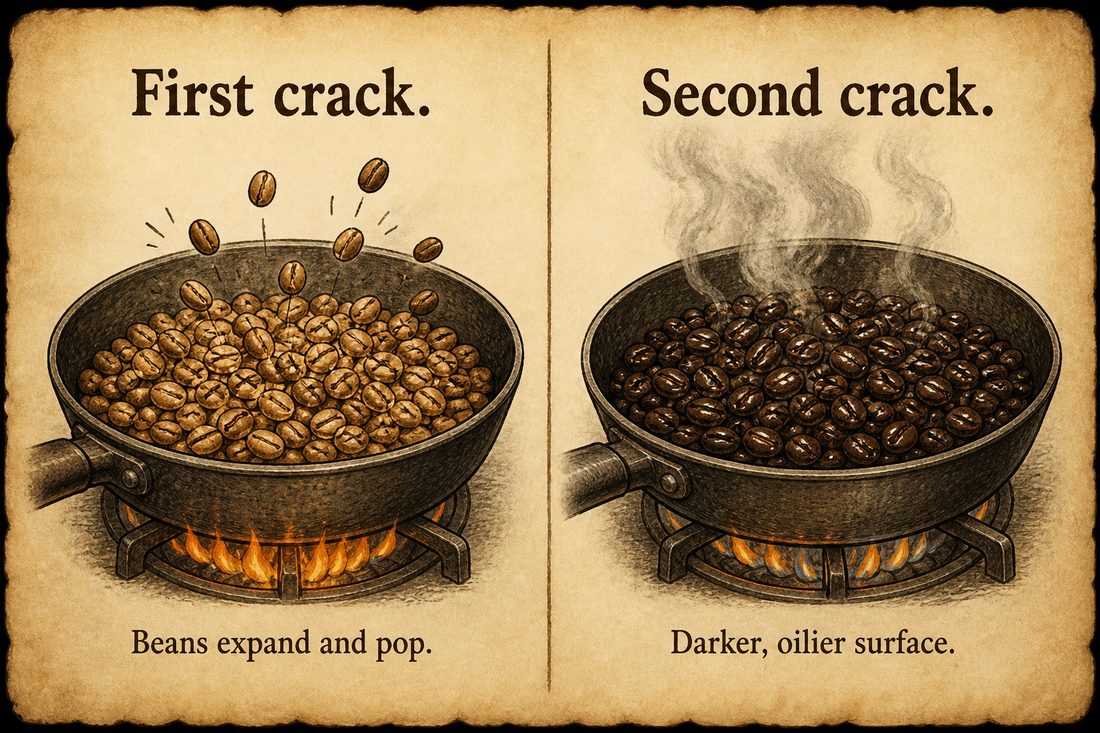 First crack and second crack shown as roasting landmarks, with more surface oil appearing later